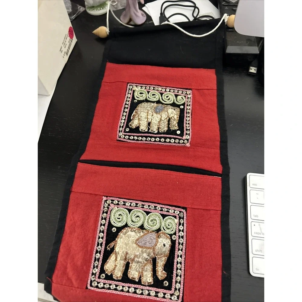 Wall Hanging Sequin Bejeweled Tapestry w/ Elegant Elephants, Pockets